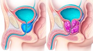3D medical illustration of an enlarged prostate compressing the urethra compared to a healthy prostate.