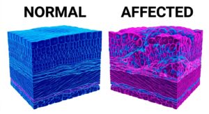 Scientific diagram comparing normal bladder tissue and tissue with localized lesions for diagnostic education.
