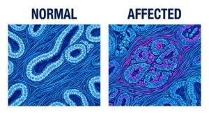 Comparison of normal prostate tissue versus localized cellular changes in a 3D diagram