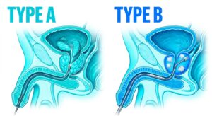 Diagram showing the mechanism of HolLEP laser enucleation and Rezum water vapor therapy.