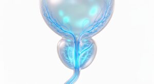 3D medical illustration of a healthy prostate gland and surrounding anatomy on a white background