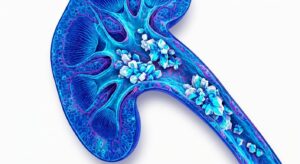 3D illustration of mineral deposits within the human renal system in an academic medical style