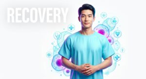 An East Asian man in a hospital setting appearing healthy and serene after a procedure
