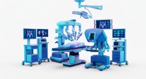 High-tech sterile urological operating room with advanced surgical equipment on a pure white background